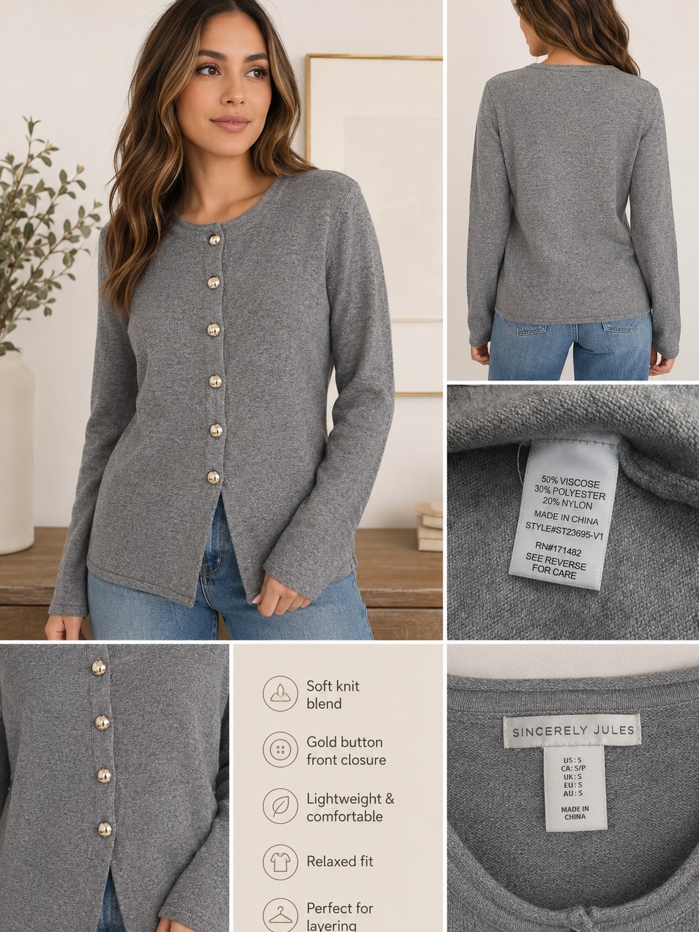 Sincerly Jules Gray Button-Front Crewneck Cardigan with Gold Buttons